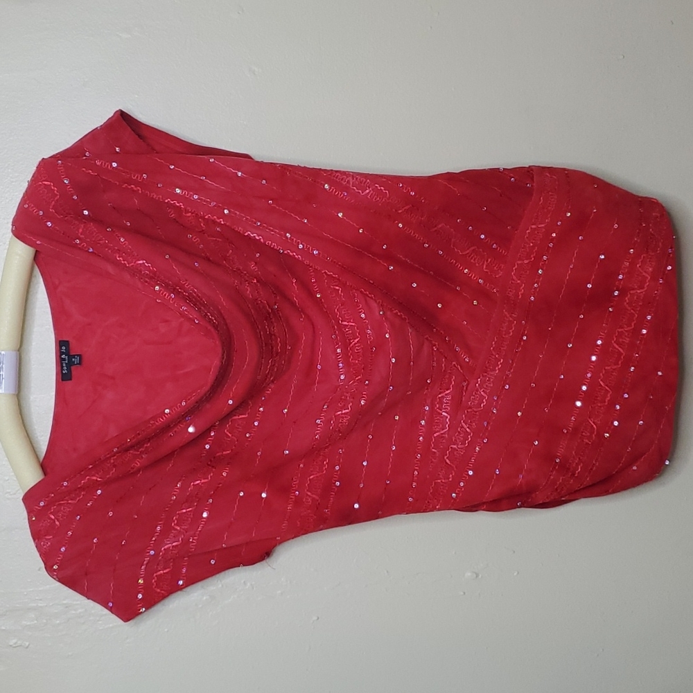 Sami & Jo Plus 1X Top Ruched Sides Red With Sequences Womens Top